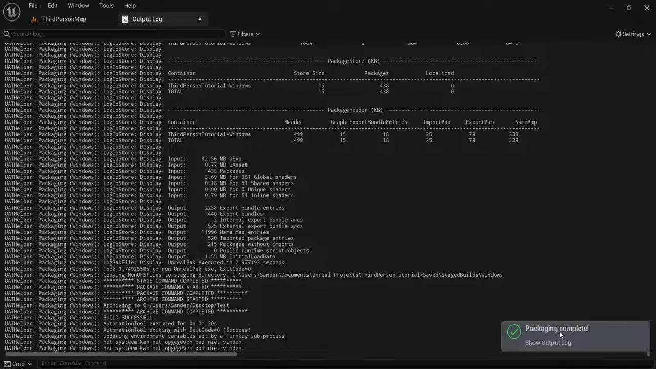 Unreal Engine output log window shows packaging messages ending with build successful, with a packaging complete notification in the lower right.