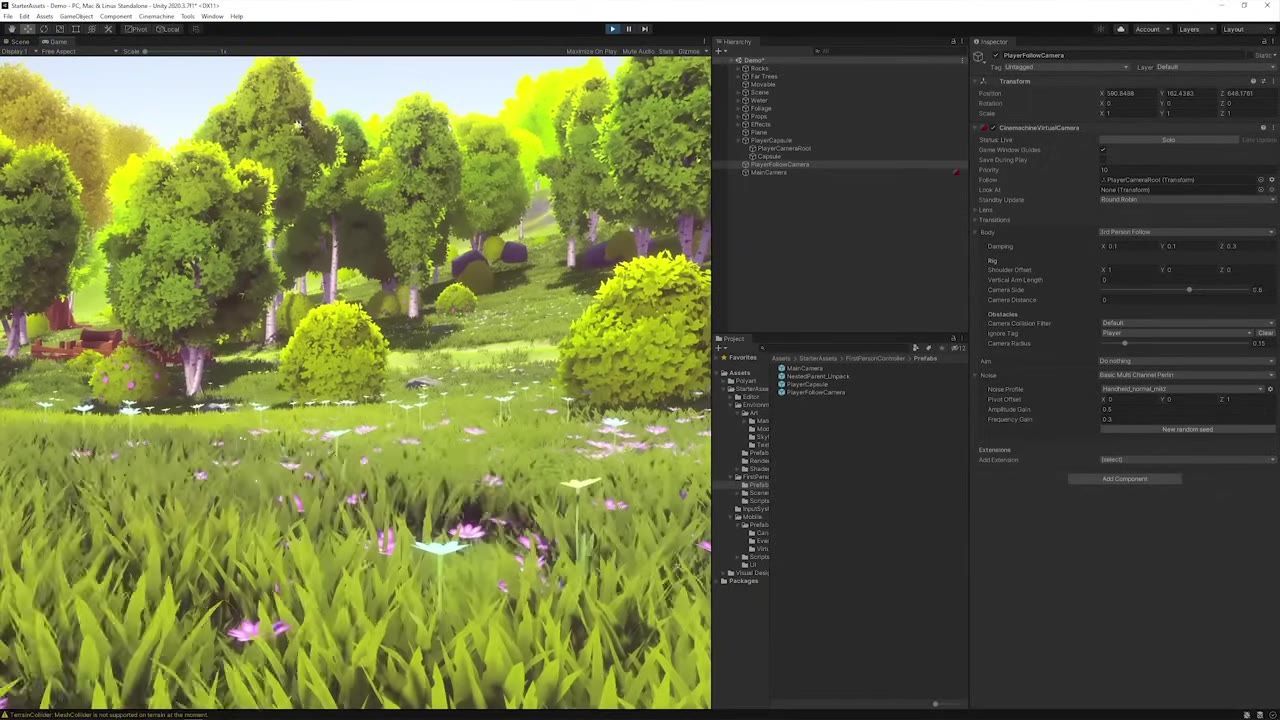 Unity editor in Play mode showing a forest scene in the Game view, with the Hierarchy, Project, and Inspector panels open on the right.