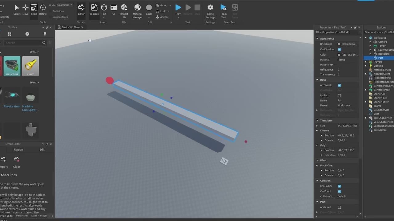 Roblox Studio is open with the 3D viewport centered on a selected long rectangular part and the editor panels visible on both sides.