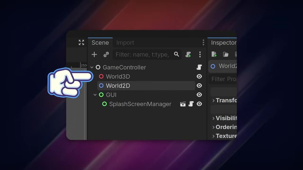 The Godot editor scene tree is shown with GameController, World3D, World2D, GUI, and SplashScreenManager visible beside the Inspector panel.