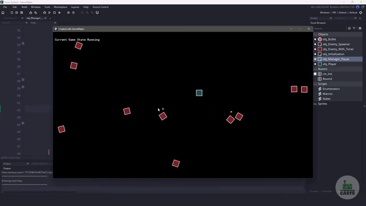 A GameMaker play window shows a black game field with several red squares and one teal square, with the text Current Game State Running near the top left.