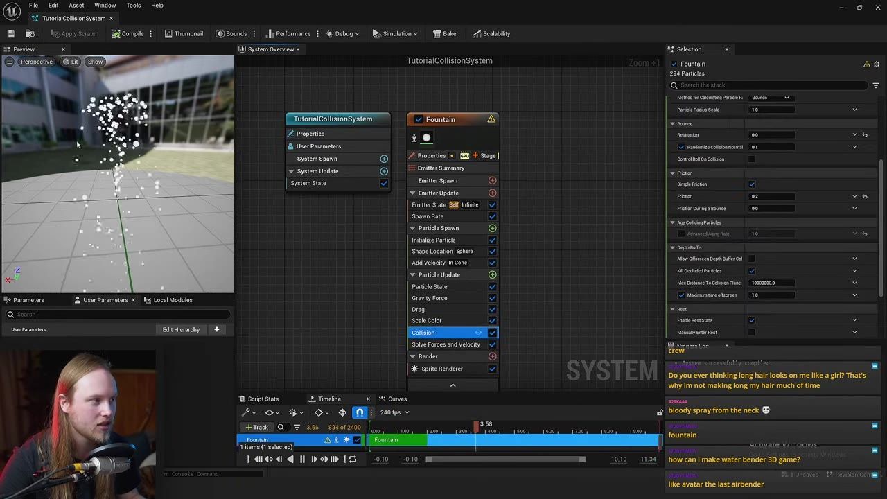 Unreal Engine Niagara system editor showing a particle fountain in the viewport, a collision module selected in the emitter stack, and collision settings in the details panel.