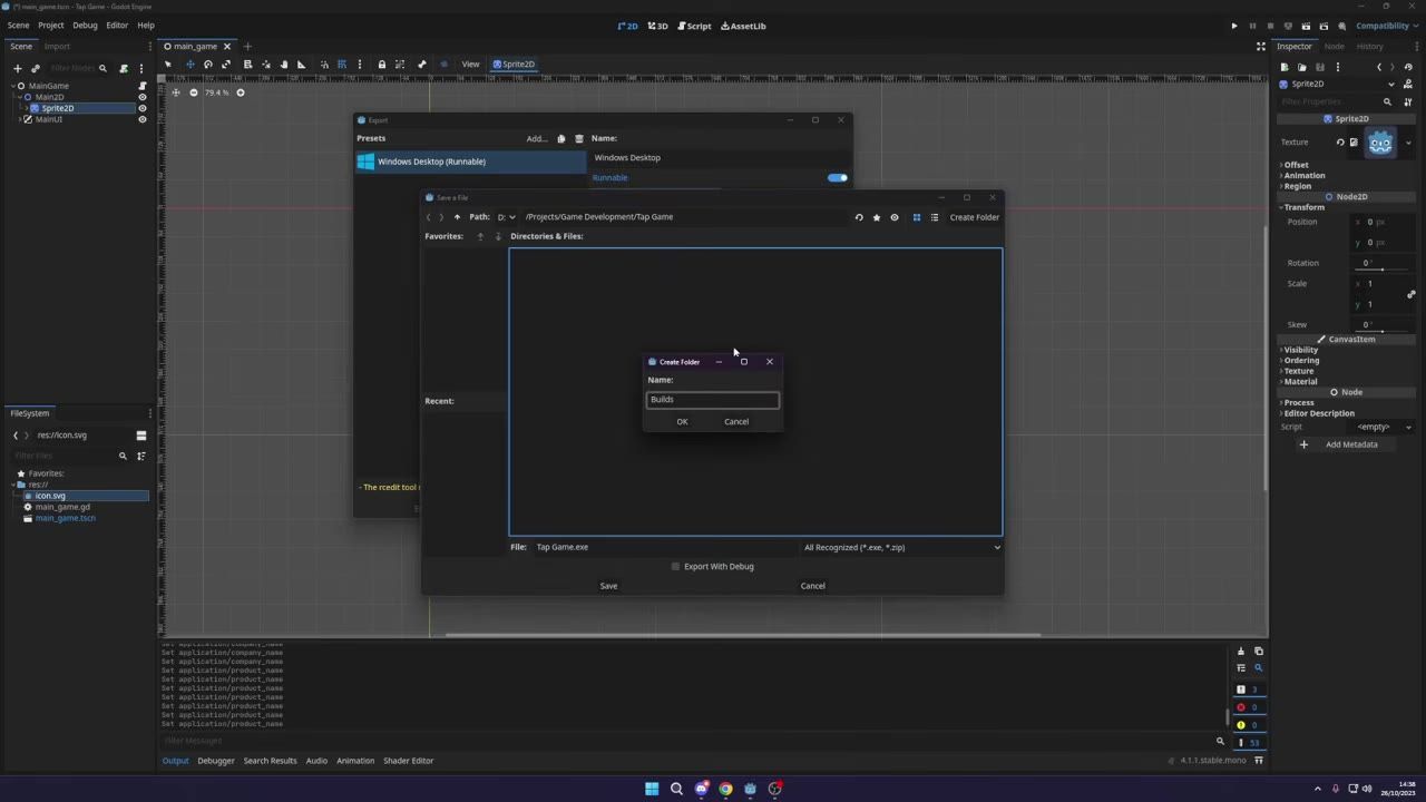 Godot editor is open with an export dialog and a file save window centered on the screen, showing a Builds folder being created and the file name Tap Game.exe.