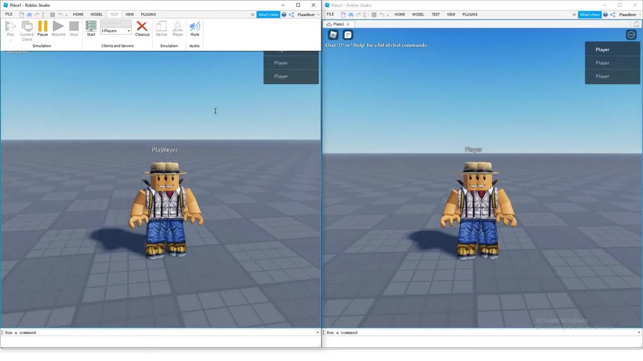 Roblox Studio shows a live play session with a blocky character standing on a gray baseplate under a blue sky, with two game views side by side.