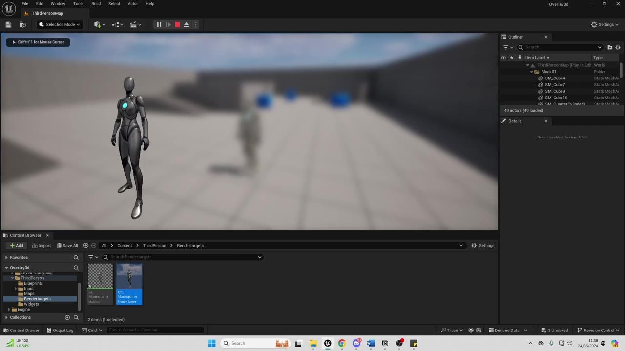 Unreal Engine editor window with a 3D humanoid character preview displayed in the main viewport and panels around it.