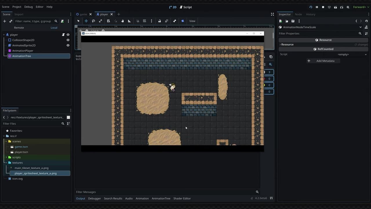 A game window is running inside the editor, showing a small character in a tiled room with platforms and obstacles.