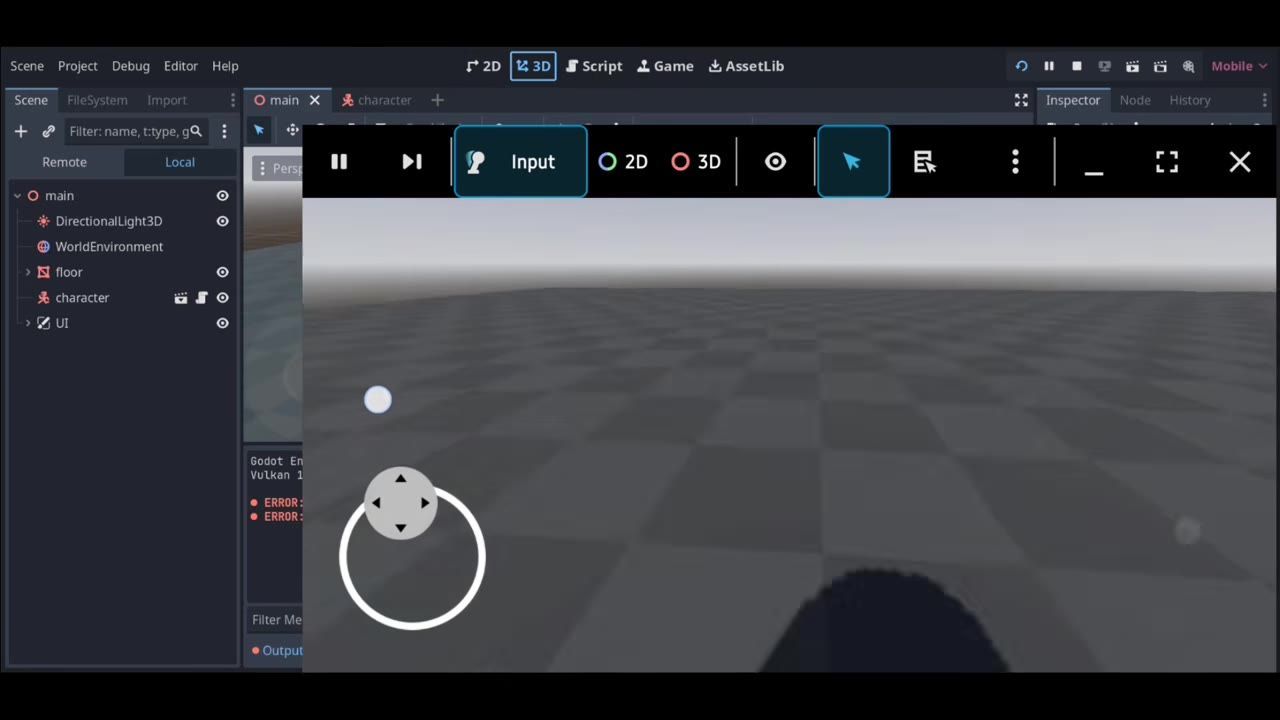 A first-person game view shows a flat gray test ground with on-screen mobile controls and part of the player character at the bottom.