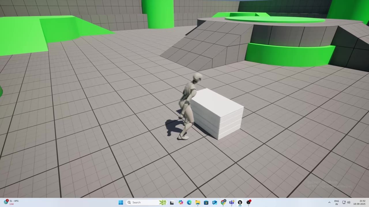 A gray humanoid character stands beside a white rectangular chest in a simple gray and green 3D level.
