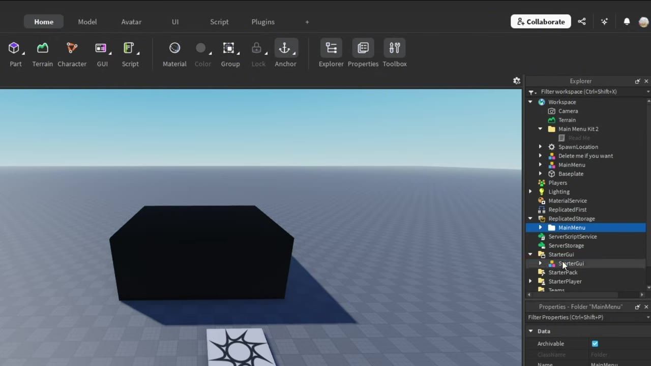 Roblox Studio shows a 3D workspace with the top toolbar and the Explorer and Properties panels open on the right.