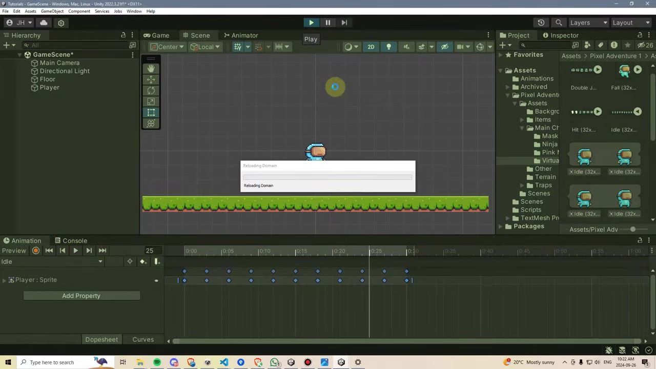Unity editor with a pixel character visible in the scene view and the animation timeline open at the bottom.