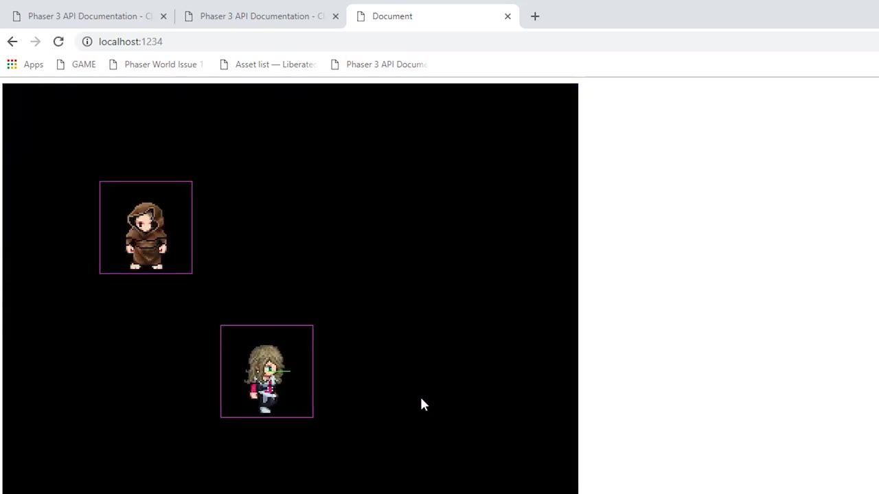 A browser window displays a black game canvas with two small character sprites and purple bounding boxes around each one.