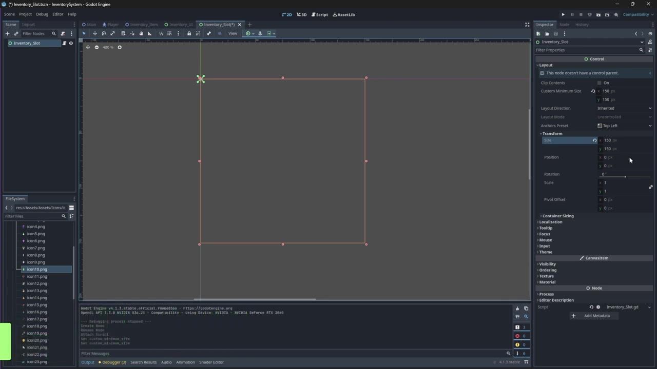 Godot editor with the Inventory_Slot scene open, showing a selected Control node in the Scene dock, a centered control rectangle in the viewport, and the Inspector on the right.