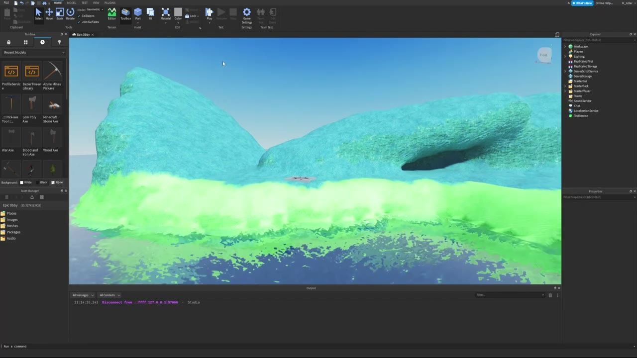 Roblox Studio is open with a terrain scene loaded in the main viewport, with the Explorer and Properties panels on the right and the Toolbox on the left.