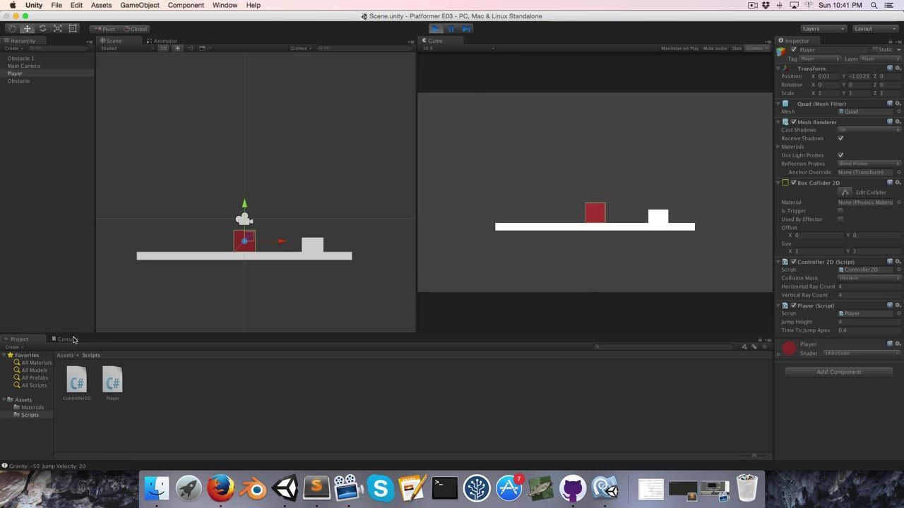 Unity Editor in play mode with the Inspector open on the right and a simple platformer scene visible in the Scene and Game views.