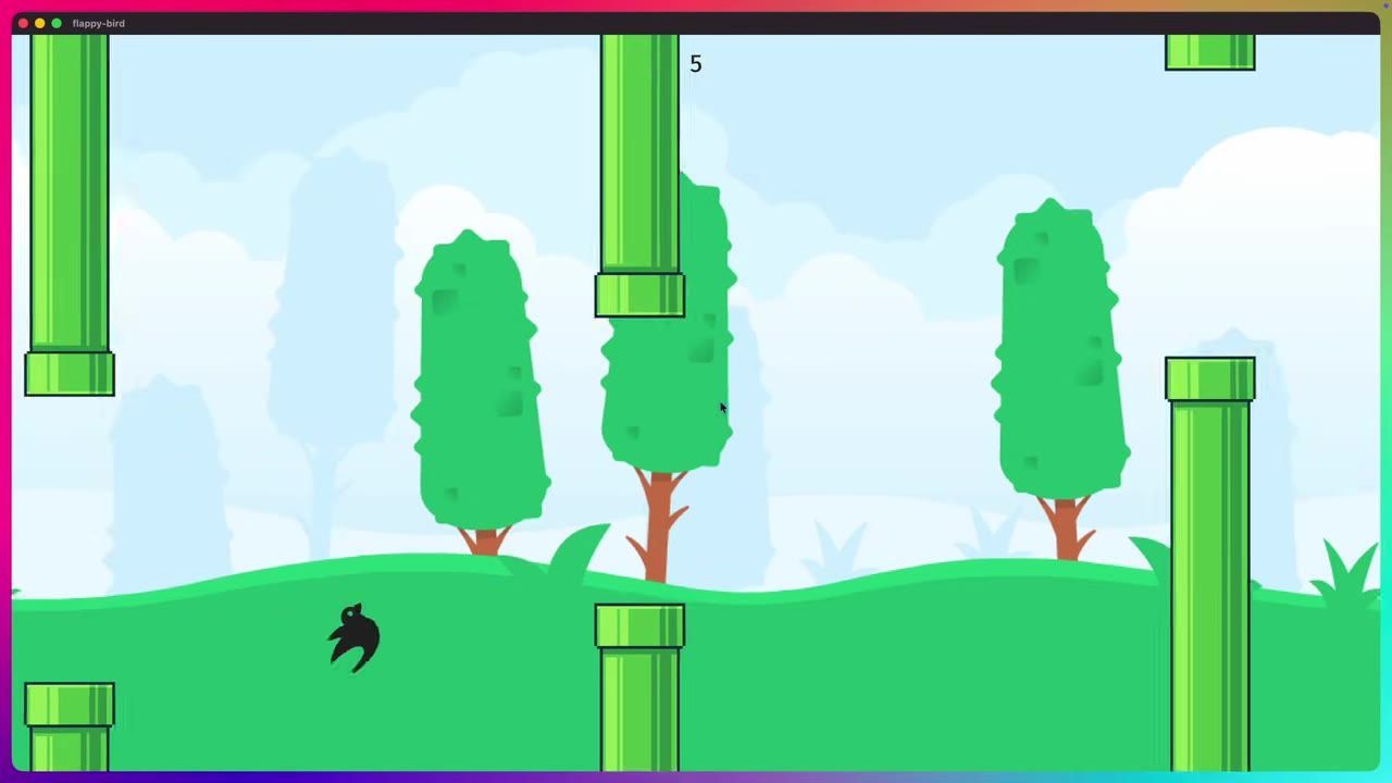 A Flappy Bird game scene shows a black bird flying among green pipes over a scrolling sky and hills background.