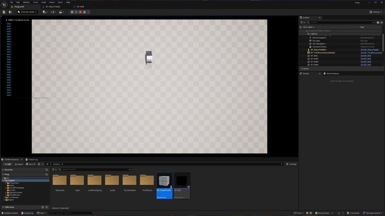 Unreal Engine editor showing a running Pong game viewport with a small player paddle and a block in the center of the play area.