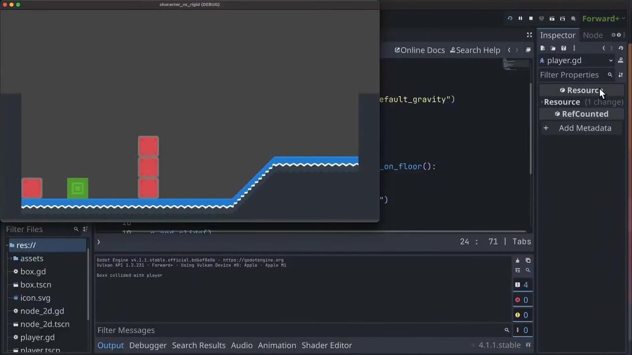 A Godot game window shows a simple 2D level with red boxes, a green block, and a blue platform while the editor interface sits behind it.