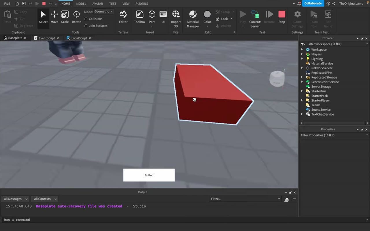 Roblox Studio is open in play mode with a red block selected in the 3D viewport and a white button labeled Button at the bottom.