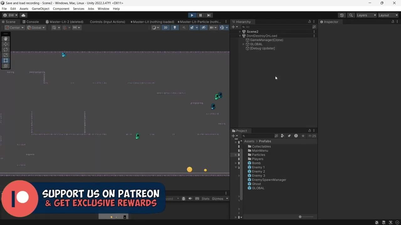 Unity editor with a loaded 2D scene open, showing several enemy objects in the play area, the hierarchy panel on the right, and a Patreon banner over the lower left.