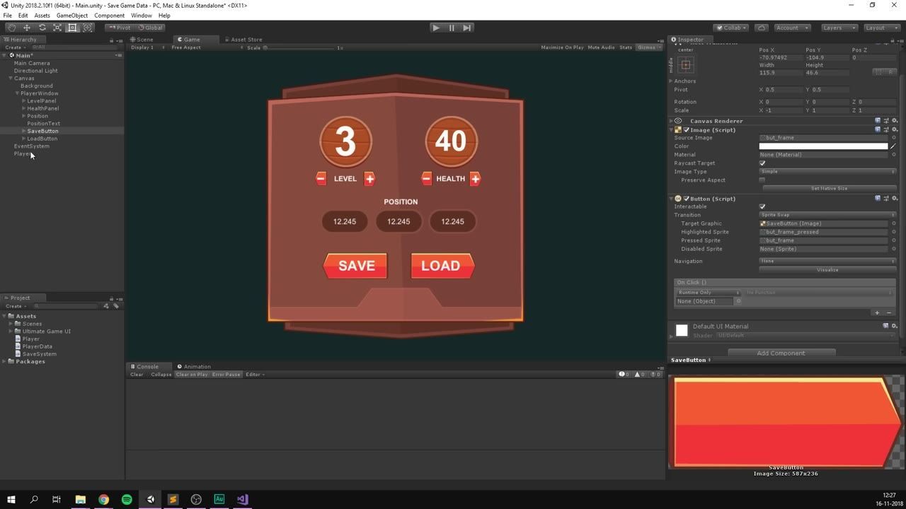 Unity editor with the Game view centered on a player stats panel showing level, health, position values, and Save and Load buttons.