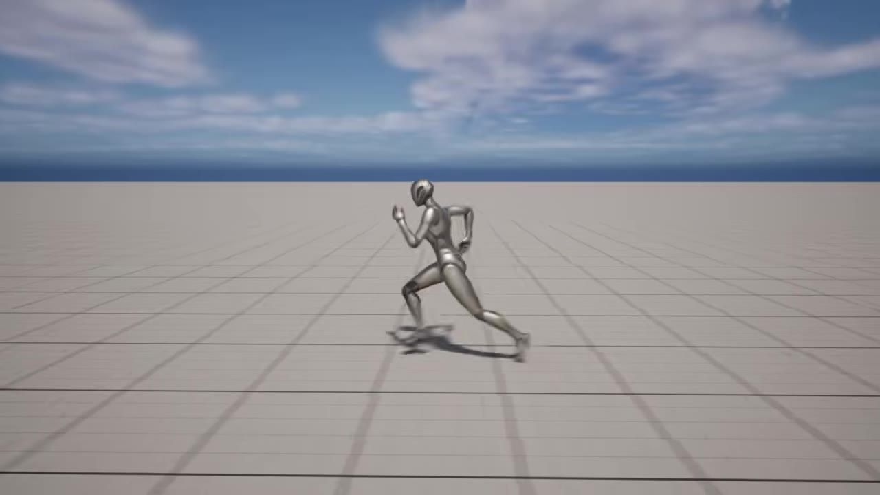 A silver humanoid character runs across a tiled flat level under a cloudy sky.