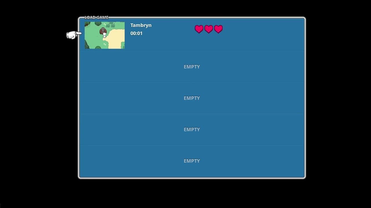 A load game menu shows one saved slot with a thumbnail preview, the name Tambryn, a time of 00:01, and three heart icons, with several empty slots below.