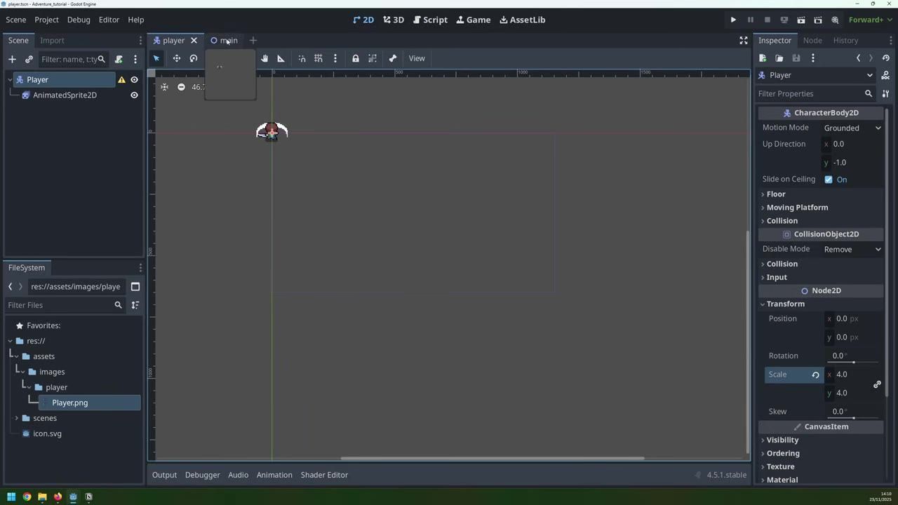 Godot Engine editor showing a 2D scene with a small player character centered in the main viewport and the Inspector and FileSystem panels open.