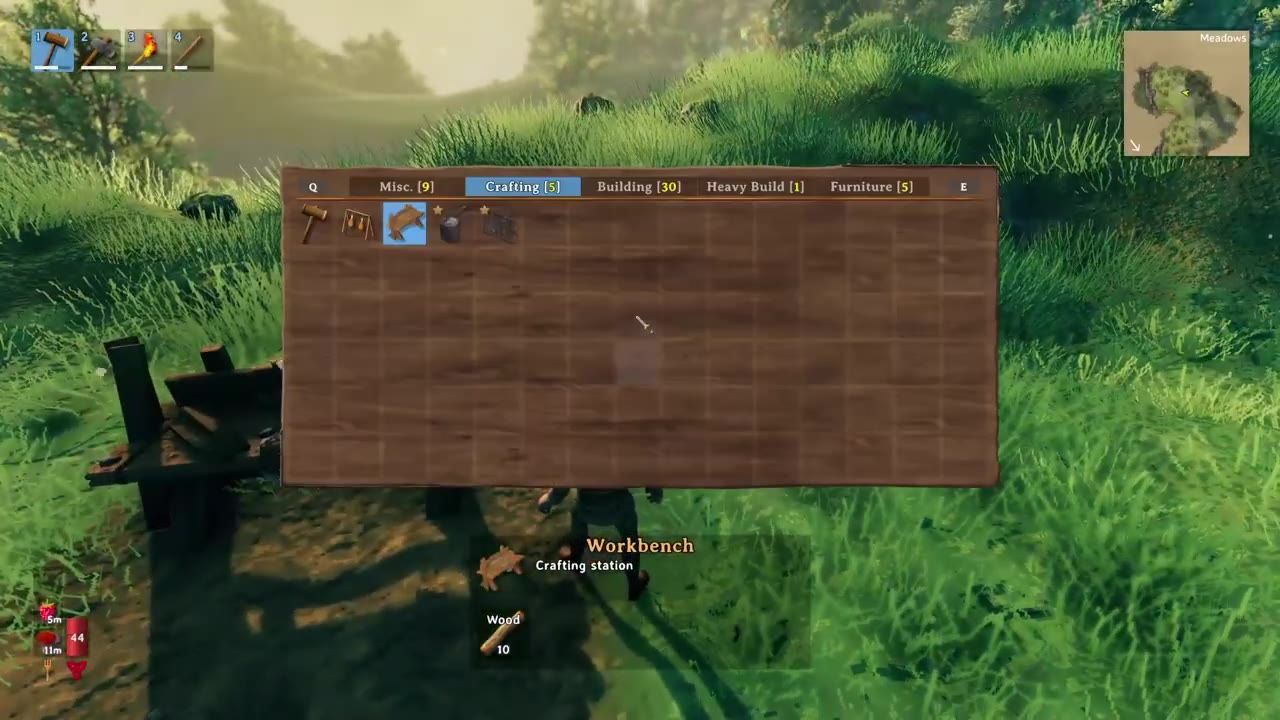 A crafting menu window in Valheim with the crafting bench option highlighted, showing required materials.