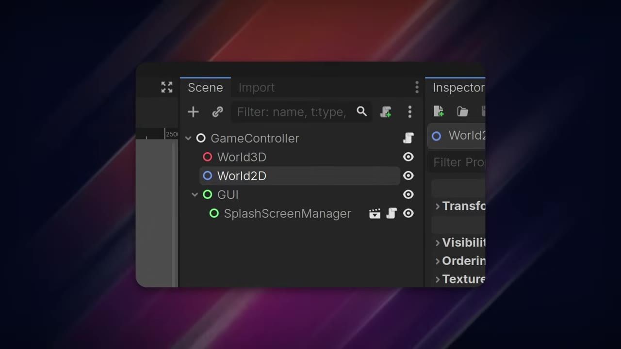 Godot editor showing the Scene dock with GameController selected and child nodes World3D, World2D, GUI, and SplashScreenManager listed below.