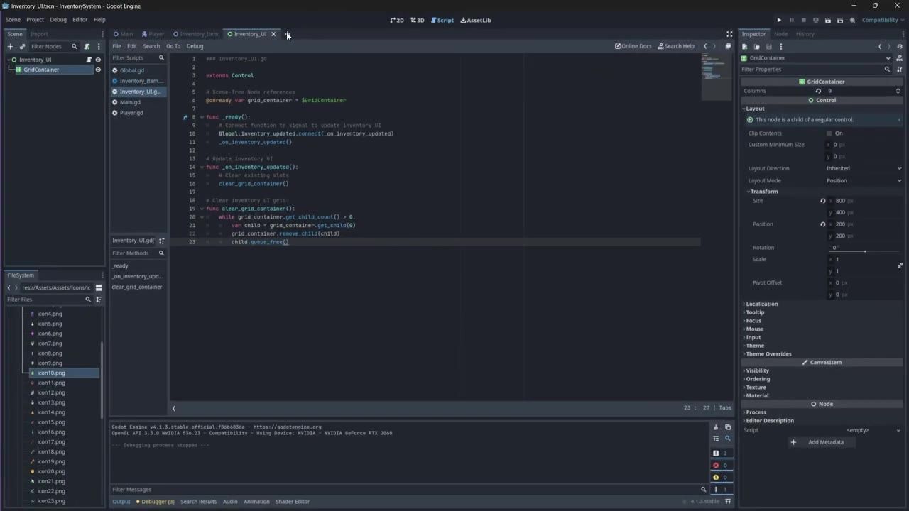 Godot Engine editor in dark theme with the Scene dock on the left showing a Control root node and a GridContainer child, a script open in the center, and the Inspector on the right.
