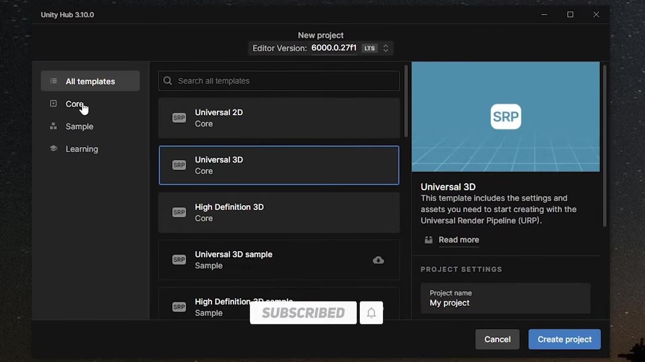 Unity Hub New project screen showing template categories on the left, a list of templates in the center, and project settings with a Create project button on the right.
