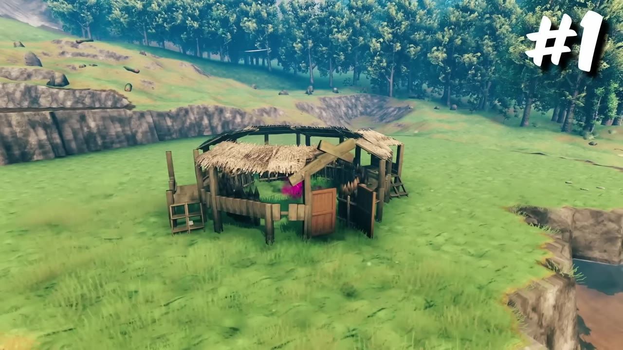 A Valheim gameplay screen showing a biome with trees, rocks, and a constructed structure.