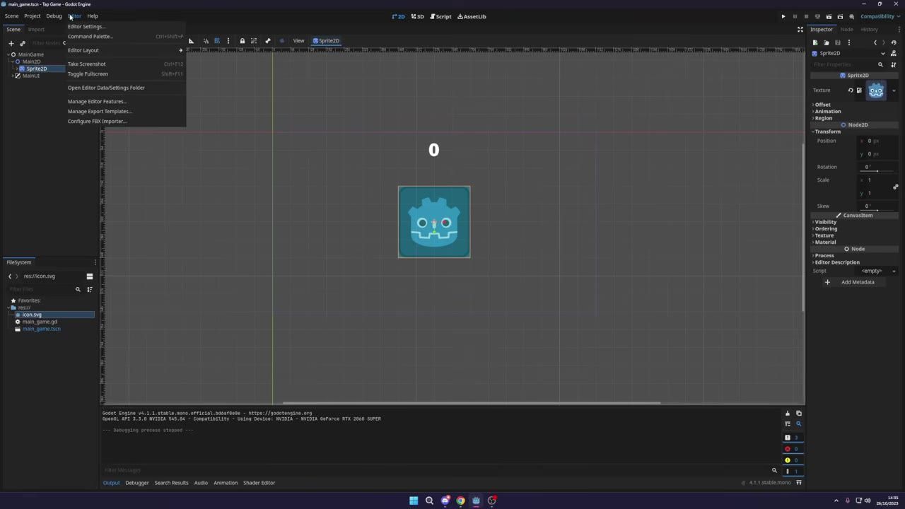 Godot Engine editor with the Project menu dropped down, showing an option to manage export templates, over the main workspace.