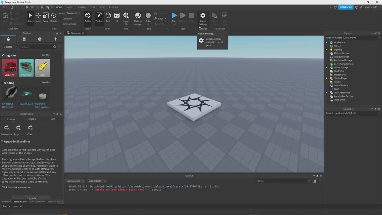 Roblox Studio is open with the Home, Model, Avatar, Test, View, and Plugins tabs at the top and the main workspace centered on a baseplate.