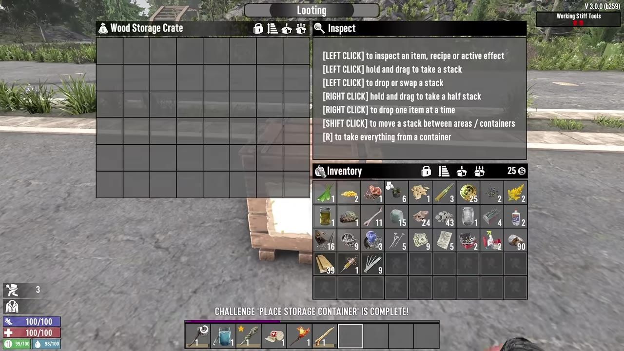 Open interface of a wood storage crate in a game, showing stored and inventory items.