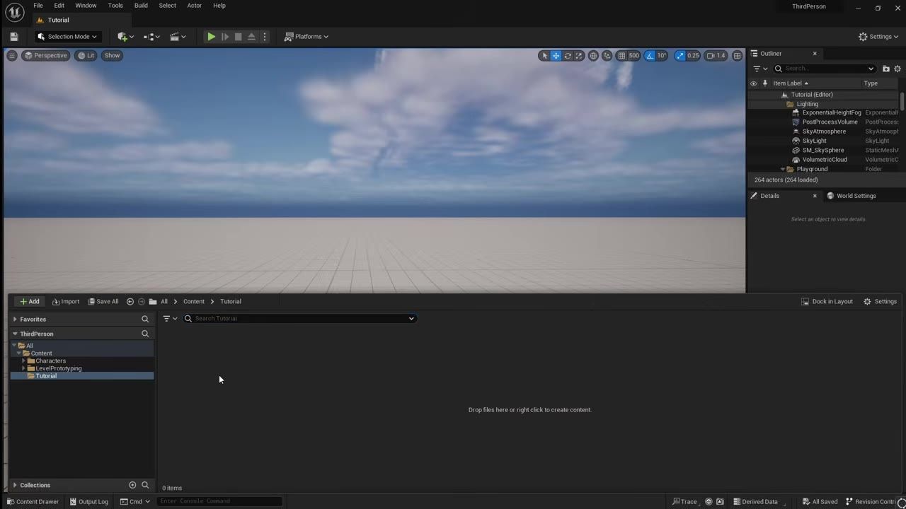 Unreal Engine editor with the Content Browser open at the bottom and the Tutorial folder selected in the content tree.