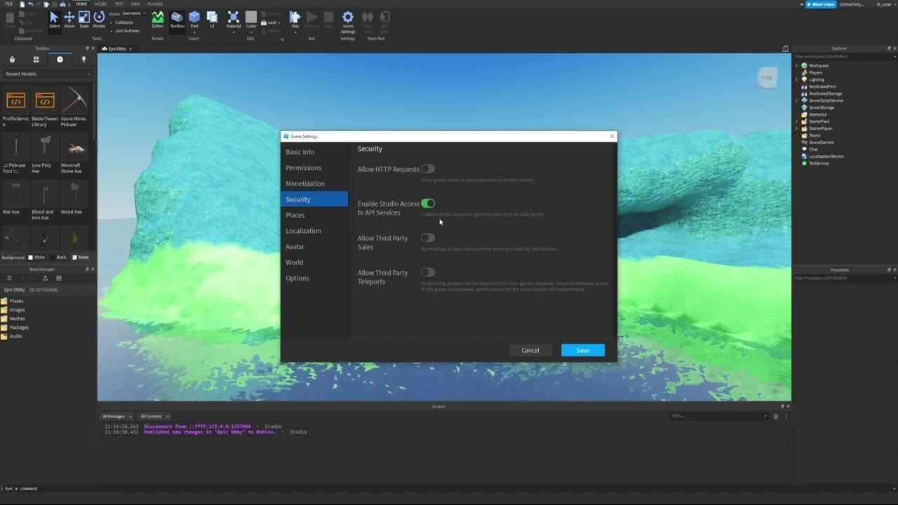 Roblox Studio is open with the Game Settings dialog centered on the Security tab, showing the Studio access to API Services toggle.