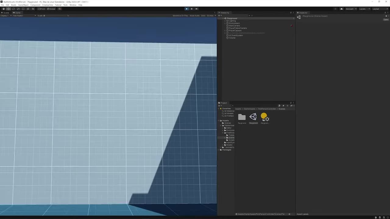 Unity editor with the Project window open to a Scenes folder, showing the Playground scene asset selected.