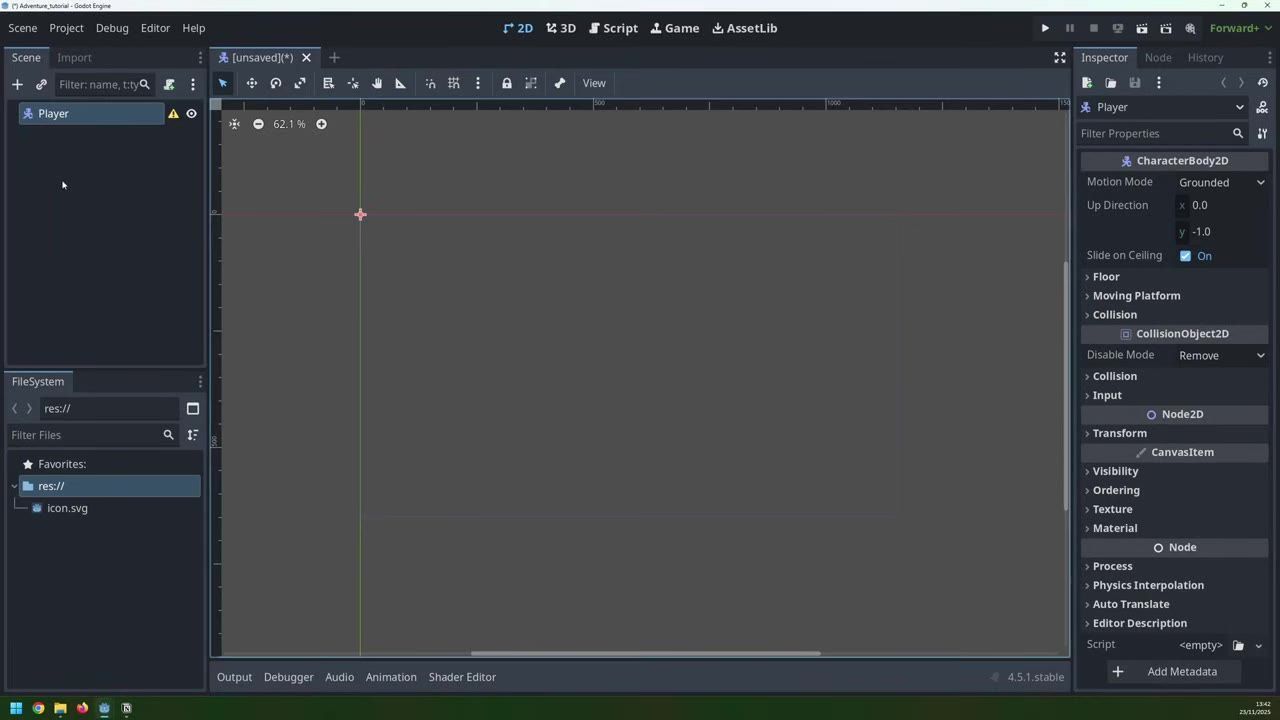 Godot editor with the Scene tree on the left showing a node named Player selected, and the Inspector on the right displaying CharacterBody2D properties.