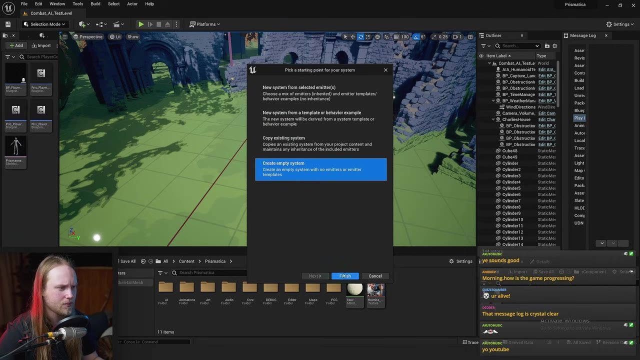 Unreal Engine editor with a Niagara system creation dialog centered over the level viewport and Content Browser, with the create empty system option highlighted.