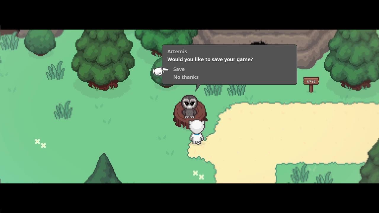 A character stands in front of an owl save point while a dialogue box asks whether to save the game, with Save and No thanks options visible.