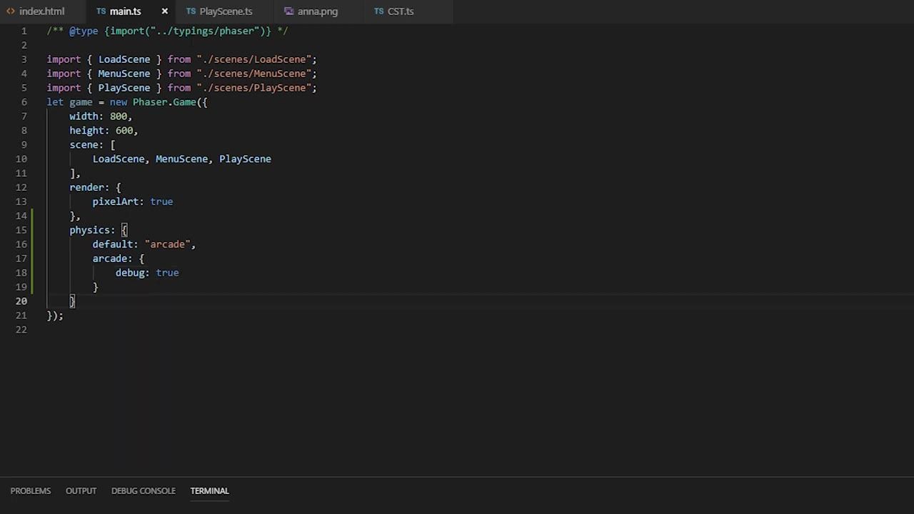 A code editor displays a Phaser game configuration file with width, height, scene list, render settings, and physics settings expanded.
