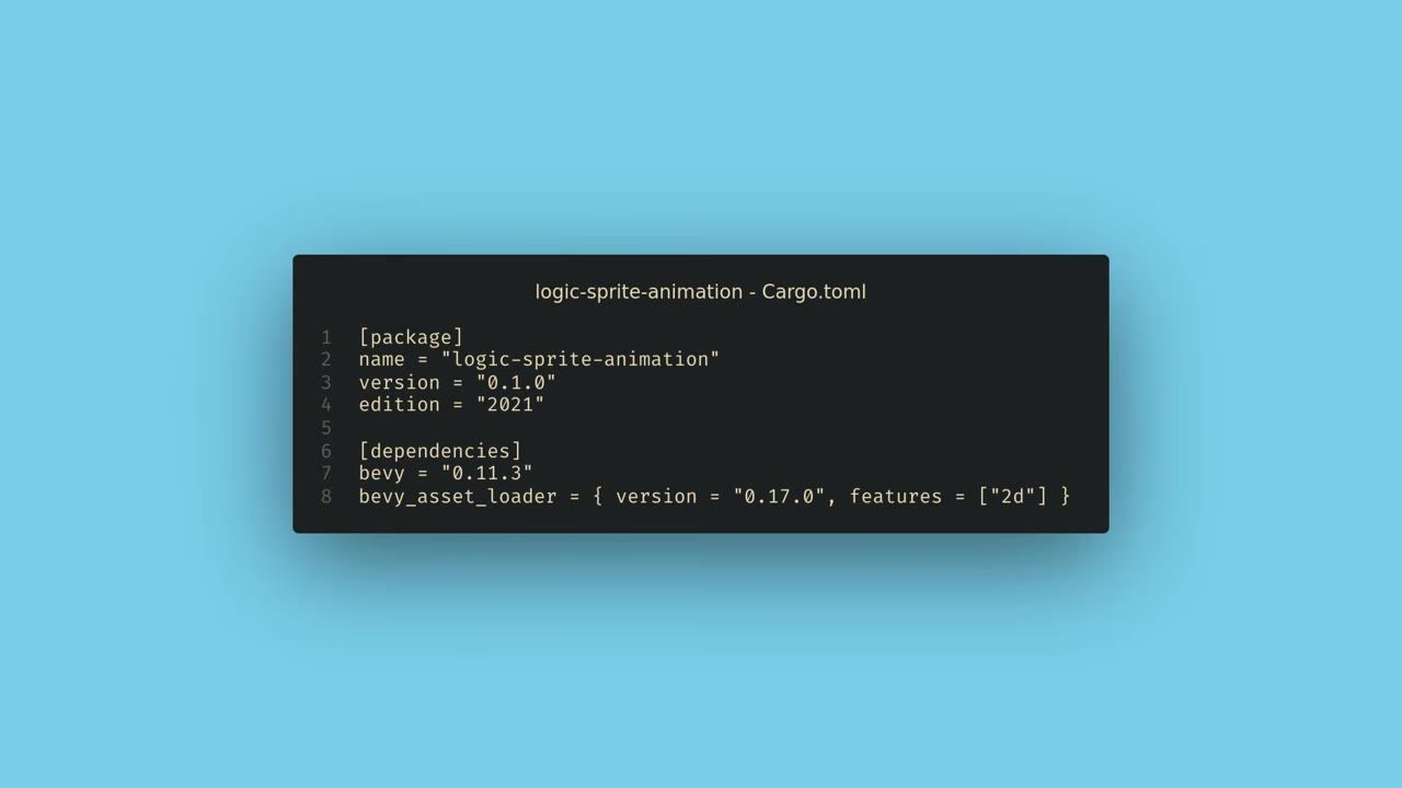A code editor window titled logic-sprite-animation - Cargo.toml shows package metadata and dependencies including bevy and bevy_asset_loader.