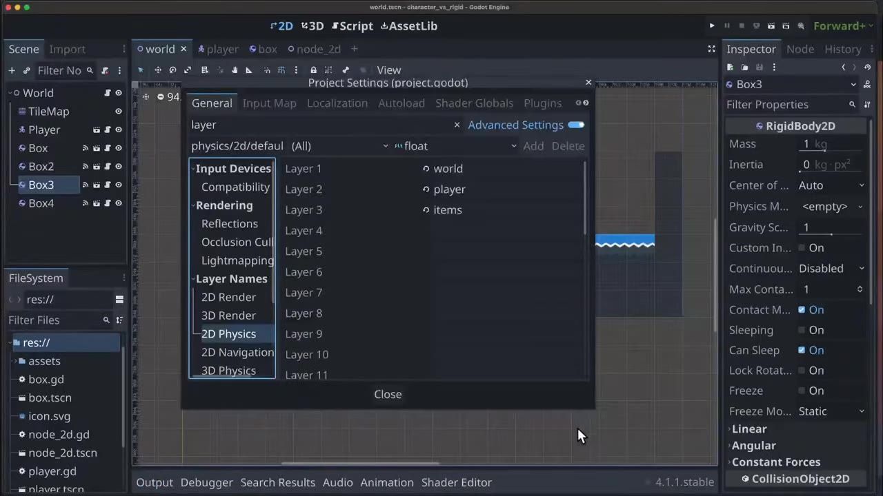 Godot Engine is open with the Project Settings window showing 2D Physics layer names for world, player, and items.