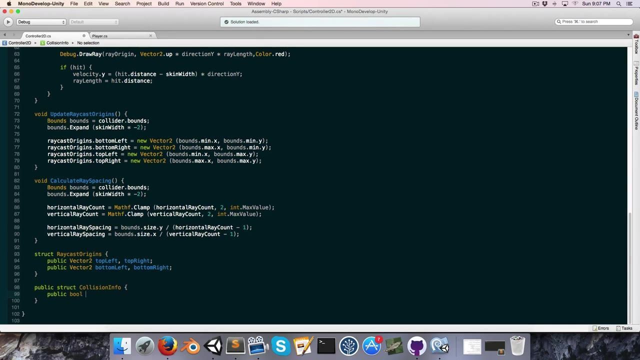 MonoDevelop Unity is open with Controller2D.cs displayed and the CollisionInfo struct visible near the bottom of the code editor.