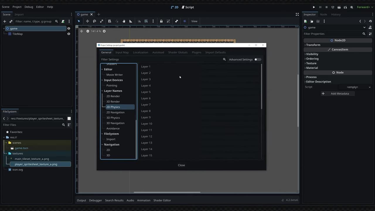 Godot editor with the Project Settings dialog open to Layer Names and 2D Physics, showing a list of collision layers.