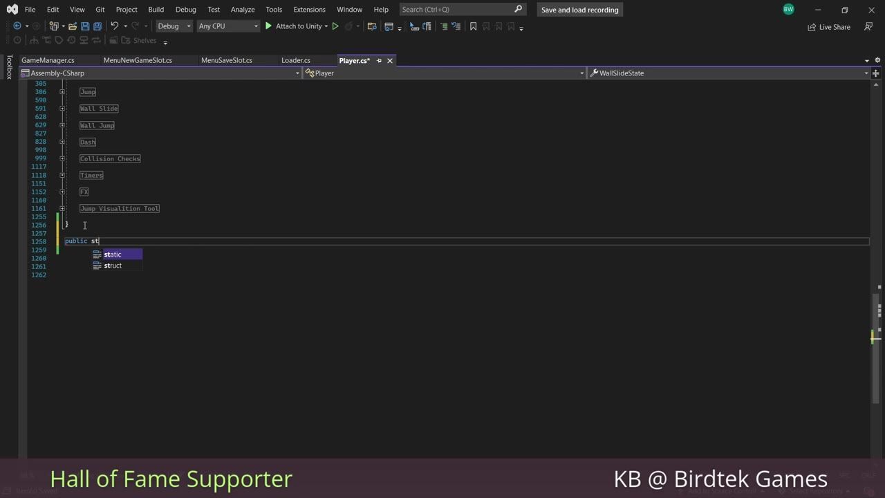 Visual Studio shows Player.cs near the bottom of the file with the cursor after the text 'public st' and autocomplete suggestions for static and struct.
