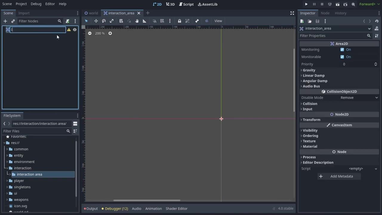 Godot editor showing the interaction_area scene with an Area2D selected in the Inspector and the Collision section available.