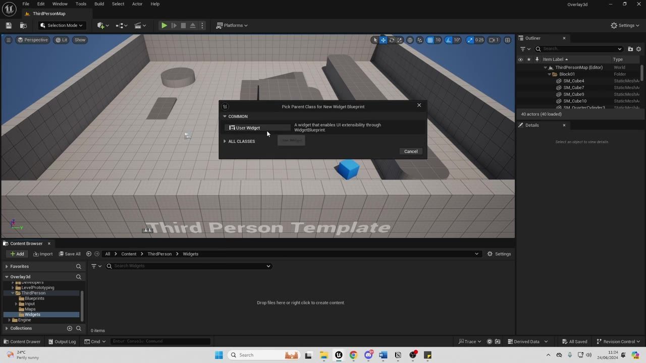 Unreal Engine editor with a modal dialog titled Pick Parent Class for New Widget Blueprint, showing User Widget selected.