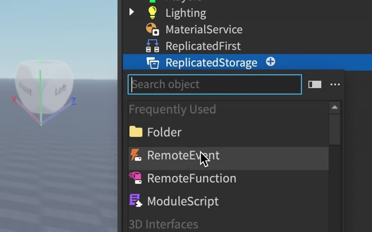 Roblox Studio shows ReplicatedStorage selected in the Explorer with the Insert Object menu open and RemoteEvent highlighted in the list.